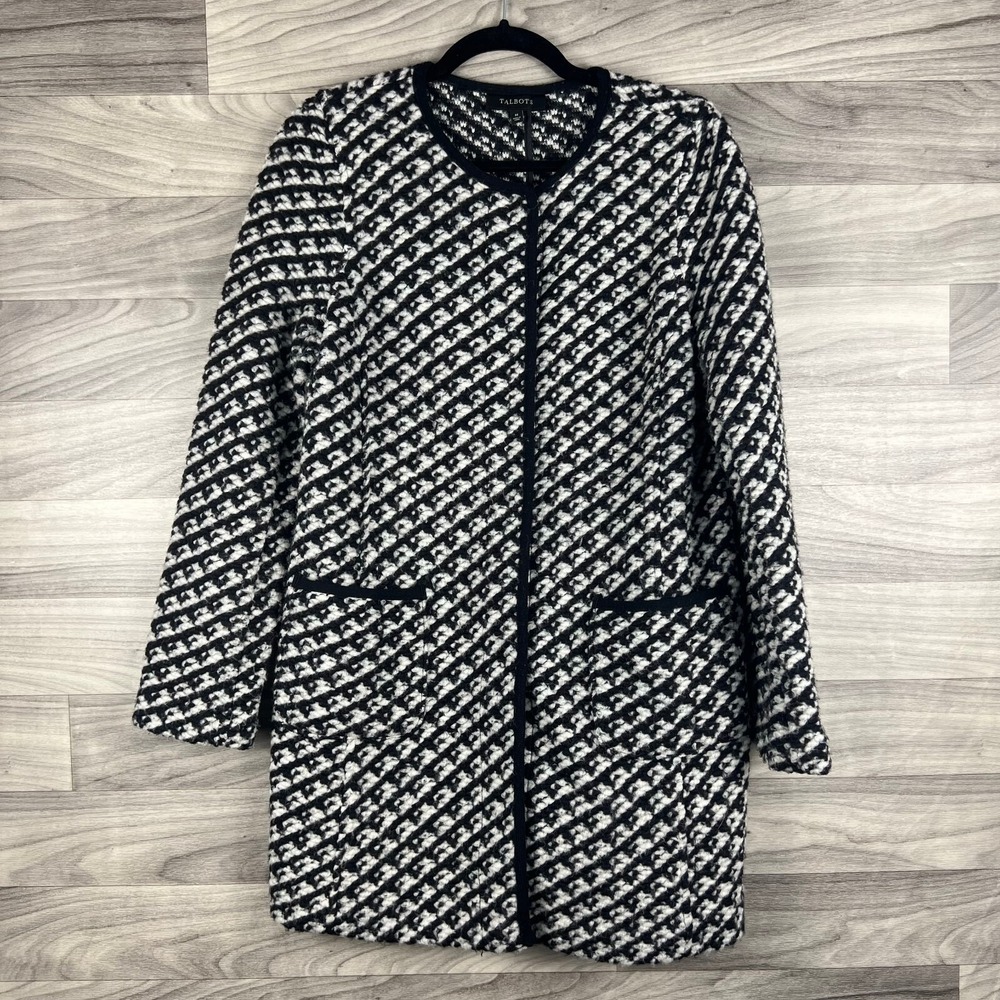 Talbots Overcoat Womens M Black Tweed Pockets Wool Blend Snap Mid Length‎